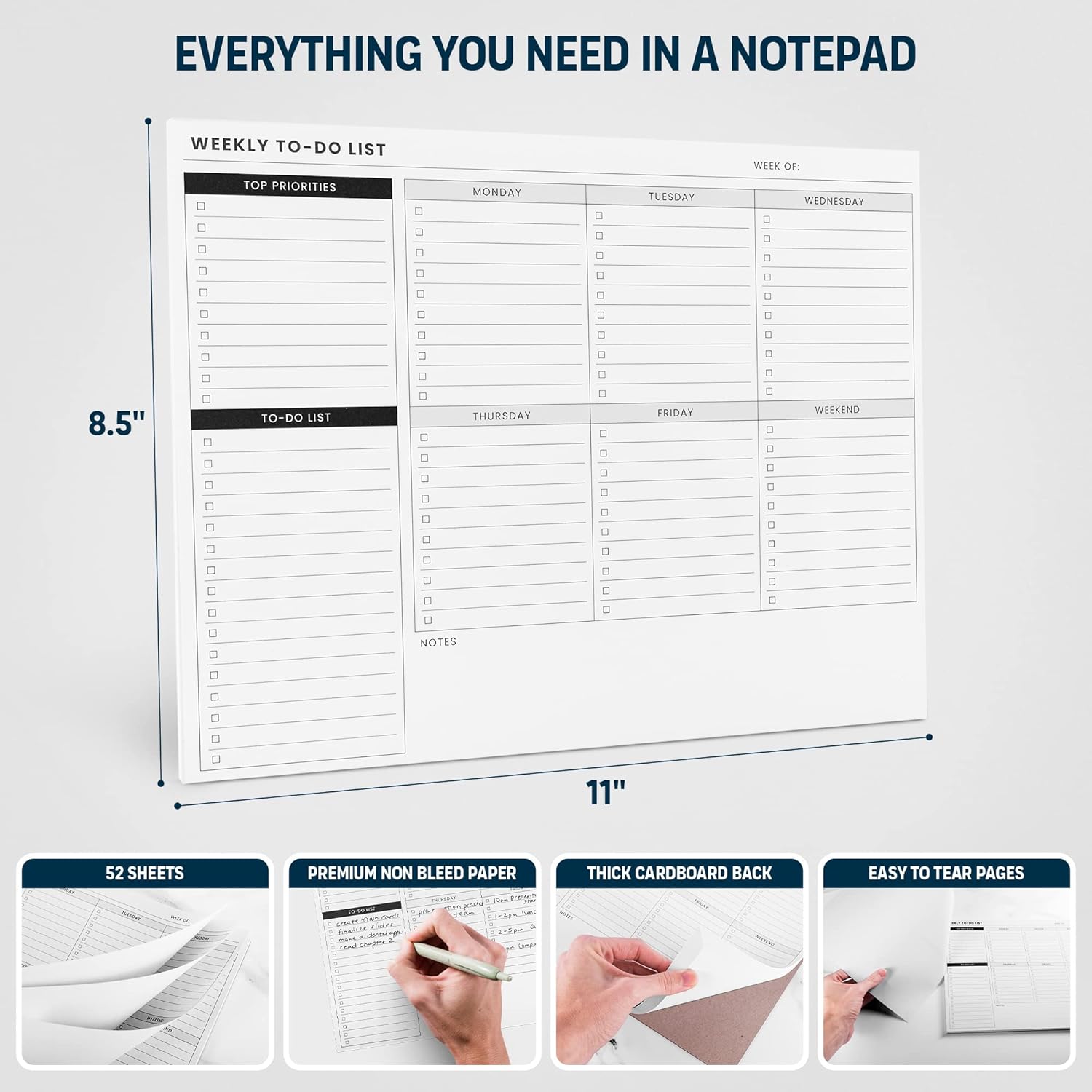 Weekly Planner Pad: To Do List Desk Notepad with Multiple Sections - 8.5x11" 52 Sheets - Undated Tear Off Notebook