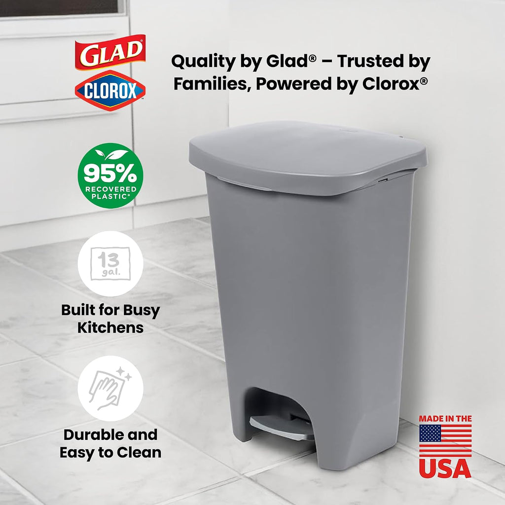 13 Gallon Trash Can with Clorox Odor Protection | Plastic Kitchen Waste Bin | Hands Free with Step On Foot Pedal and