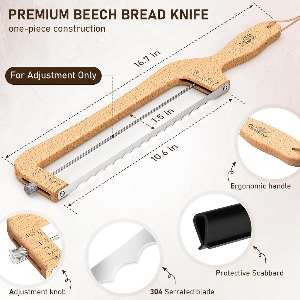 Adjustable Bread Slicer for Home Use, Wooden Sourdough Bread Knife for Homemade Bread with Bow Design, Premium