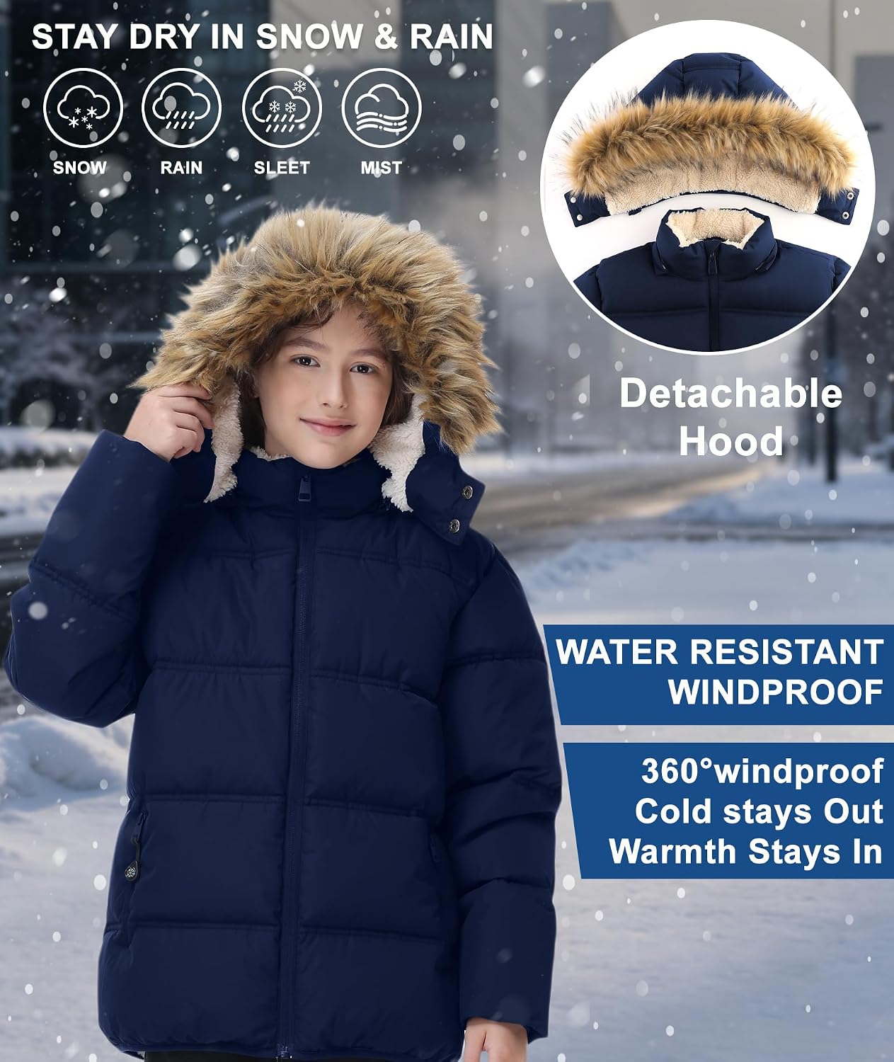 Boy's Girl's Winter Jackets Coat with Hood Thermal Windproof Zipper Puffer Warm Sherpa Fleece Lined