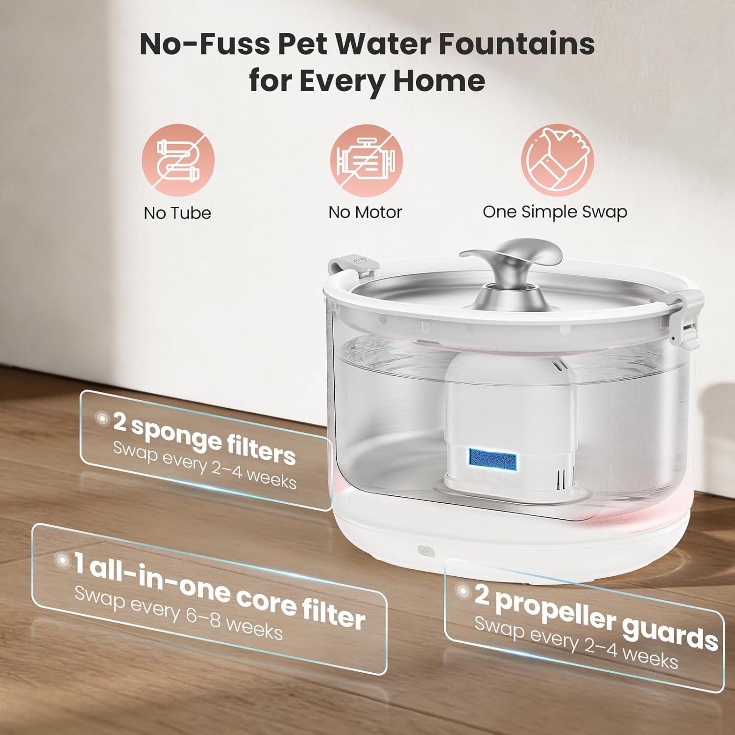 Cat Water Fountain Pumpless Stainless Steel Buckets & Bowl Wireless Pet Water Fountain 2.5L Water Fountains for Cats