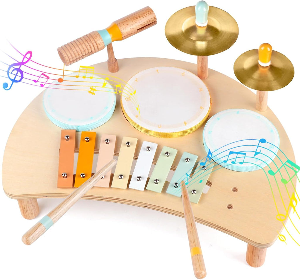 Kids Drum Set, Montessori Toys Wooden Musical Instruments for Baby Toddlers | Drum Kit with Cymbals & Xylophone