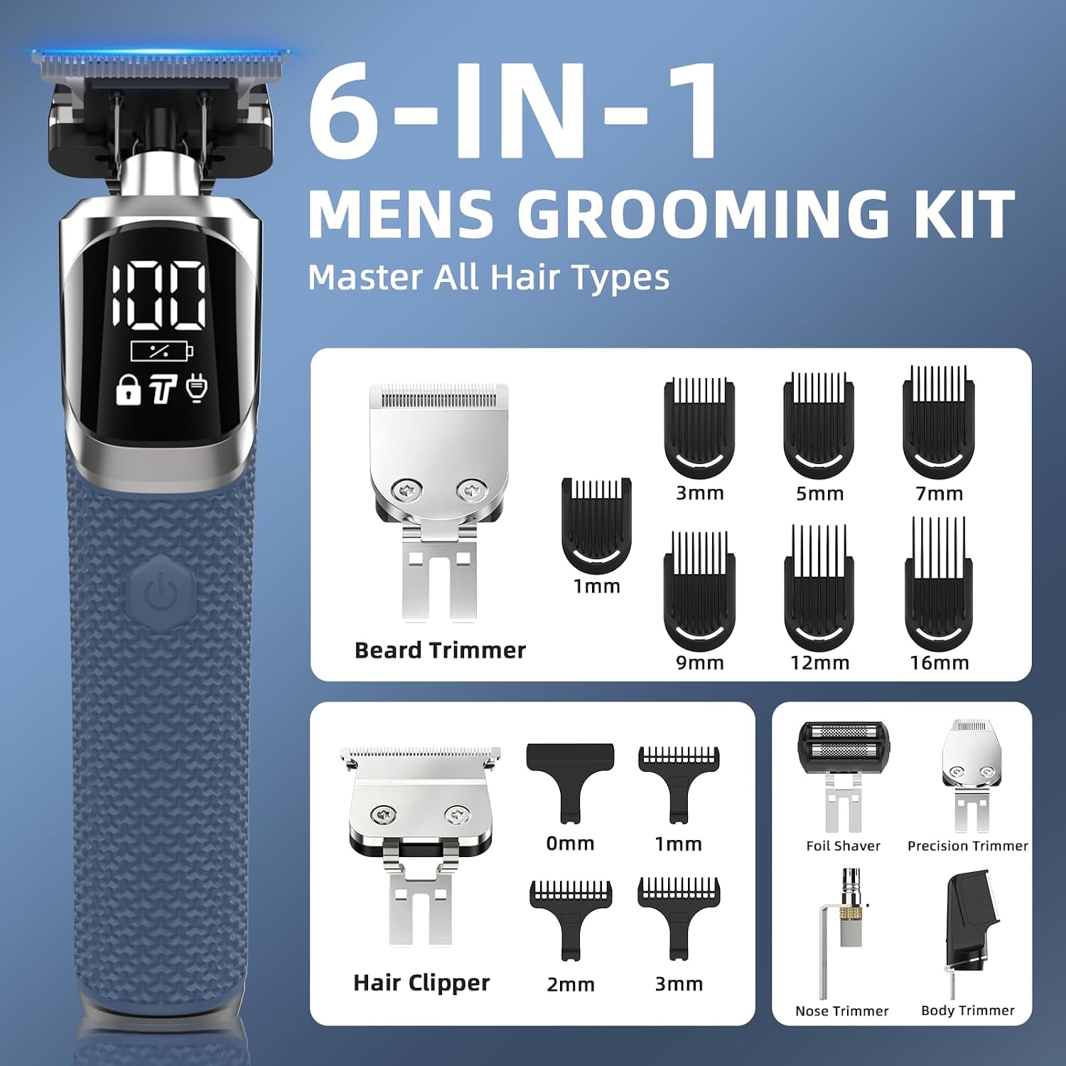 6-in-1 Beard Trimmer for Men, Electric Shaver Razor, Hair Trimmer | Professional IPX6 Waterproof Hair Trimmer, 4.5H