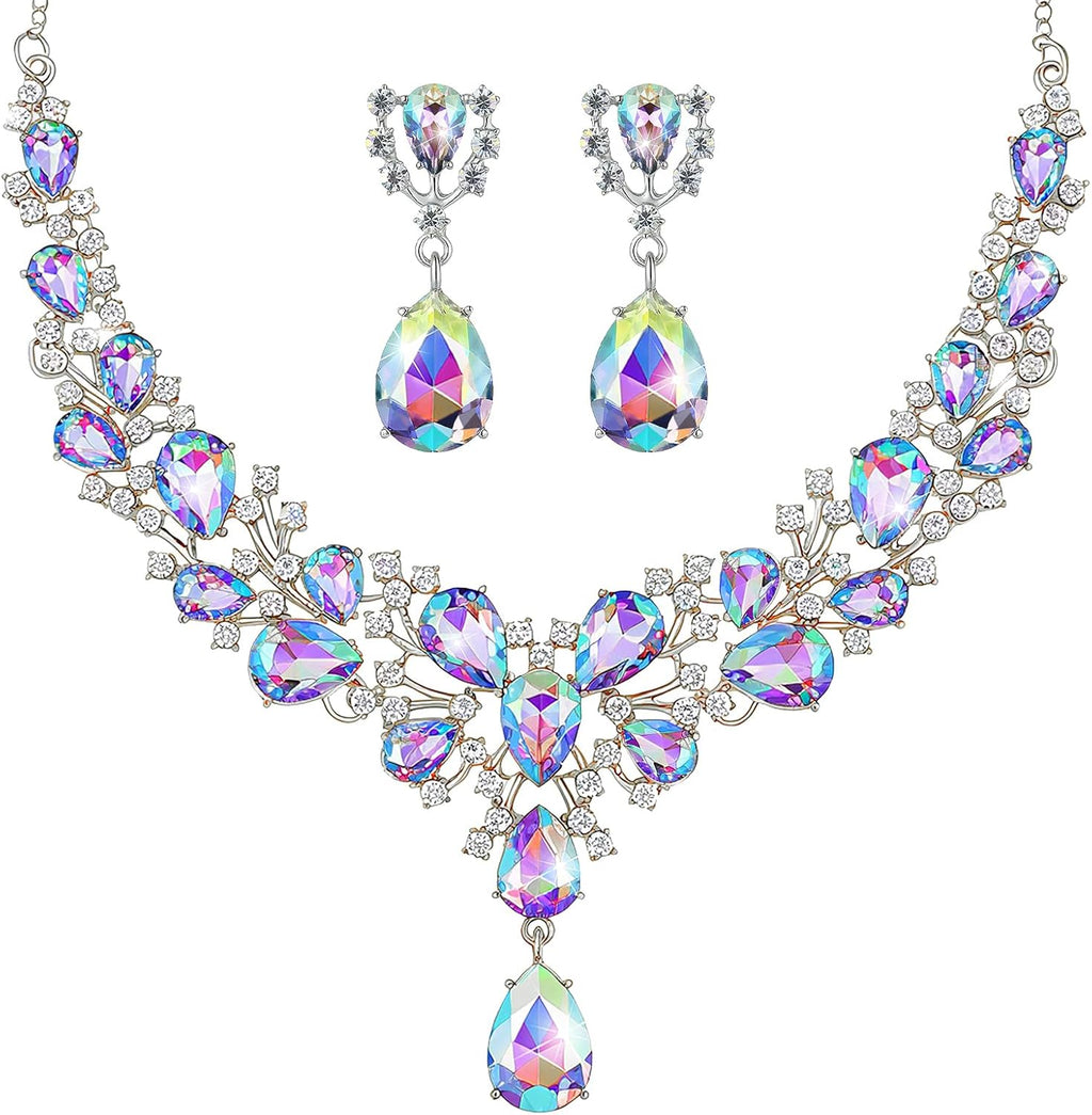 Bridal Teardrop Cluster Crystal Jewelry Set for Women Necklace Earrings Wedding