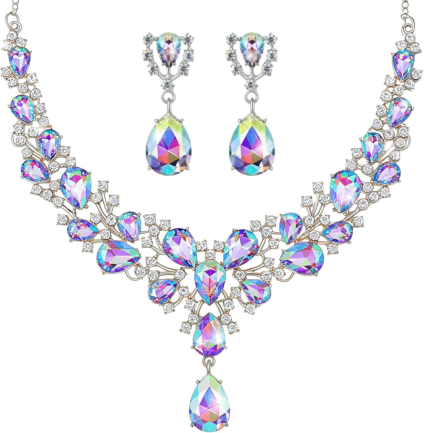Bridal Teardrop Cluster Crystal Jewelry Set for Women Necklace Earrings Wedding