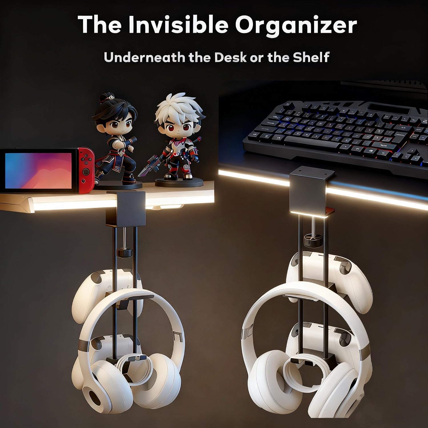 Headphone Stand with Controller Holder, Aluminum Under Desk Clamp Headset and Controller Stand - 2 in 1 Headphone