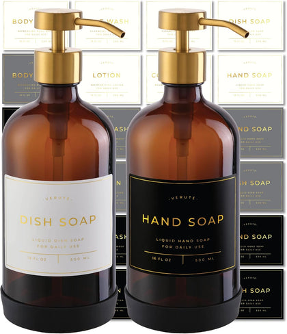 Hand and Dish Soap Dispenser for Kitchen and Bathroom, Set of 2 16 Oz Glass Bottles, Stainless Steel Pumps, Non-Slip
