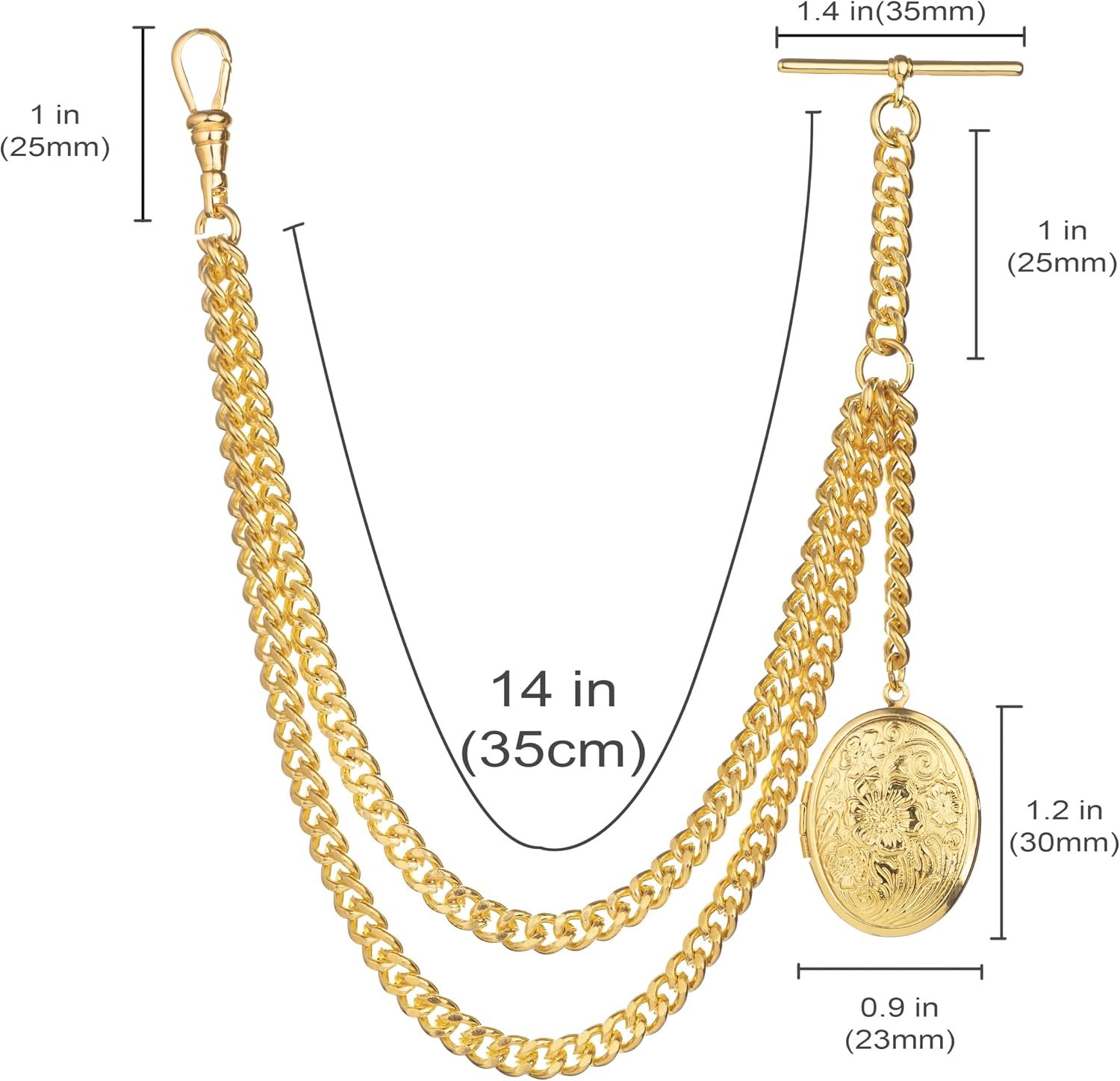 Handmade in The UK Gold Colour Single Albert Pocket Watch Chain with Locket Pendant