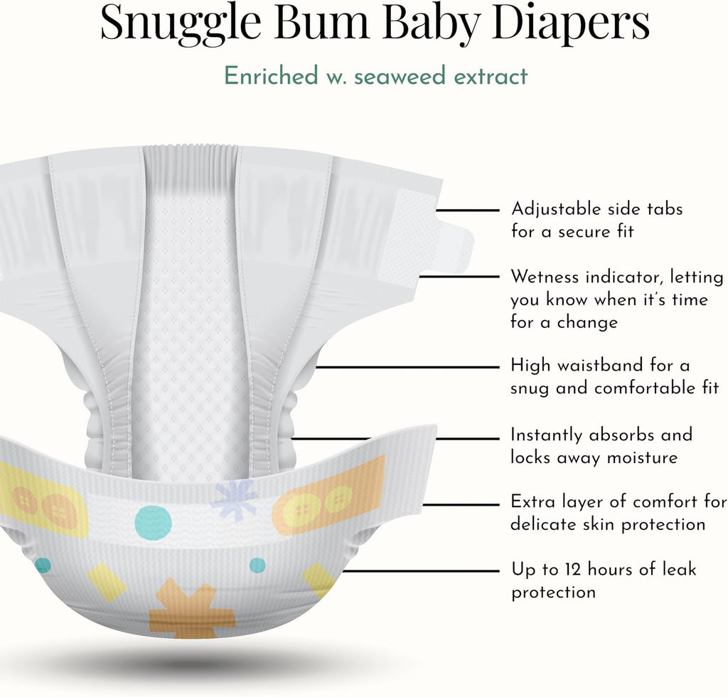 Snuggle Bum Baby Diapers Size 1, Newborn, PFAS-Free, 216 Count