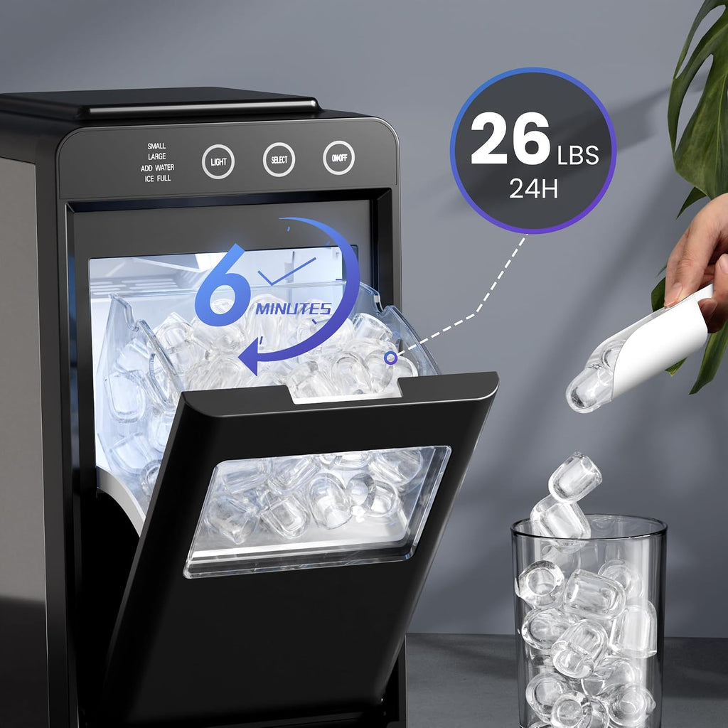 Ice Makers Countertop,26Lbs/24H,8Pcs in 6Mins,Portable Ice Maker Machine with Self-Cleaning,Interior Lighting,2 Sizes
