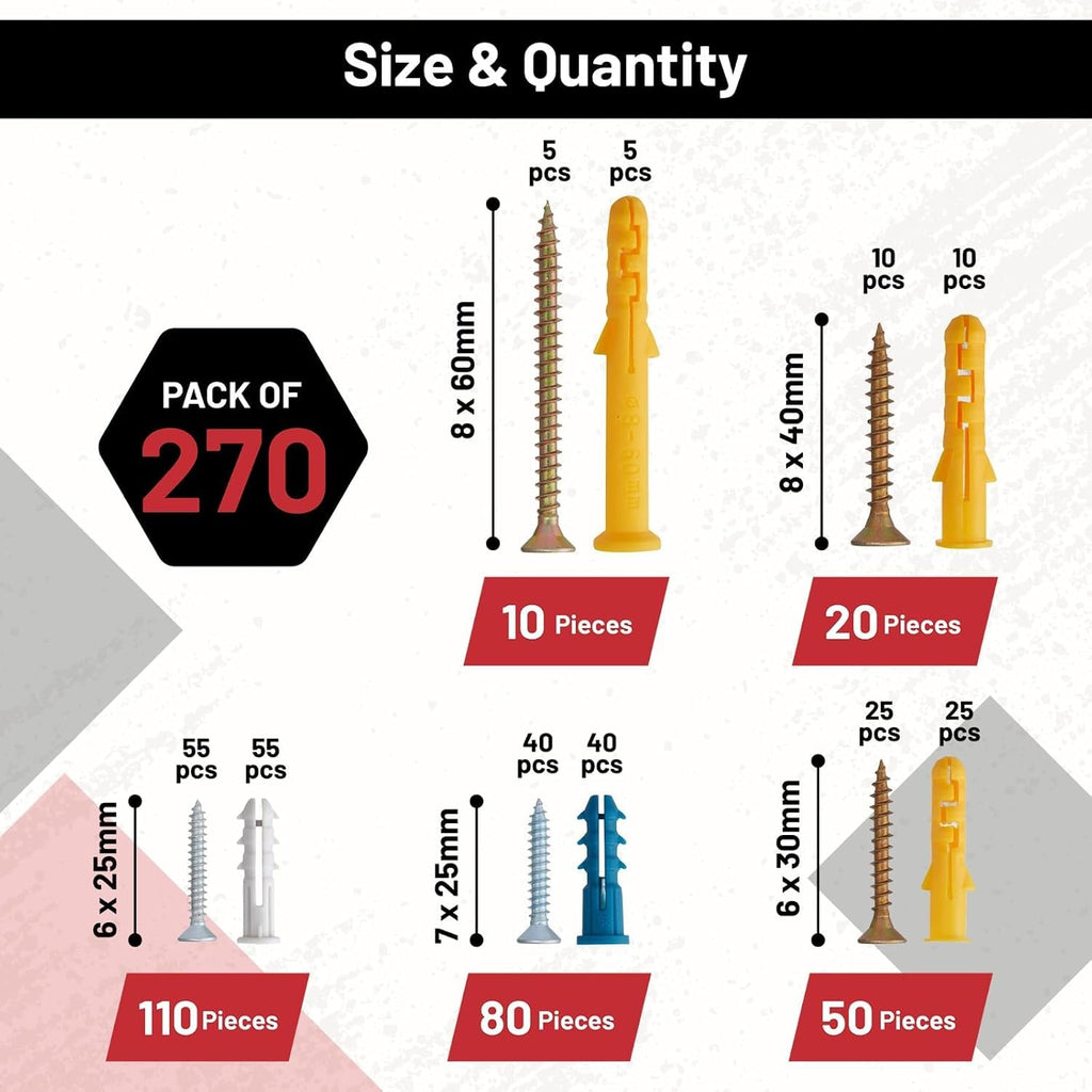 Self Drilling Drywall Kit Anchors, Screws and Bolts (270)