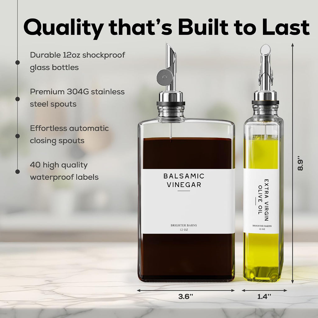 Glass Olive Oil Dispenser Bottle for Kitchen by Brighter Barns - Oil and Vinegar Dispenser Set, Coffee Syrup Bottles