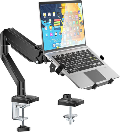Single Arm Laptop and Monitor Desk Mount for 17" Notebook and Up to 32" Screen, 2-in-1 Adjustable Gas Spring Monitor
