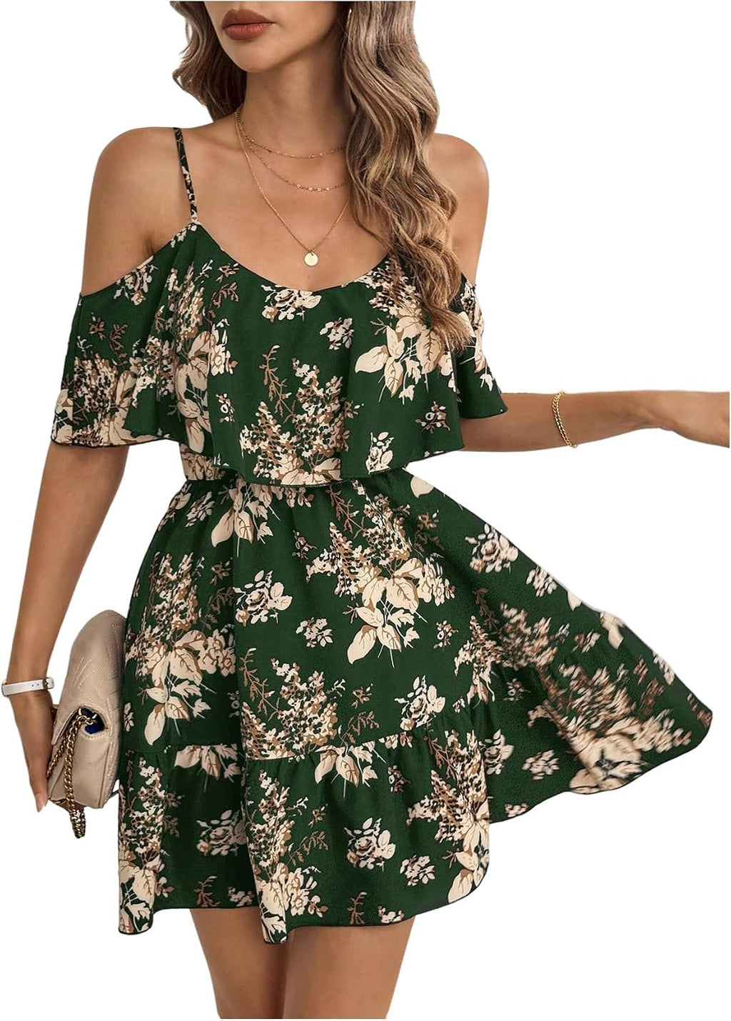 Women's Summer Floral Mini Dress Cold Shoulder Ruffle Dresses