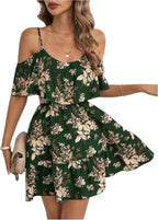 Women's Summer Floral Mini Dress Cold Shoulder Ruffle Dresses