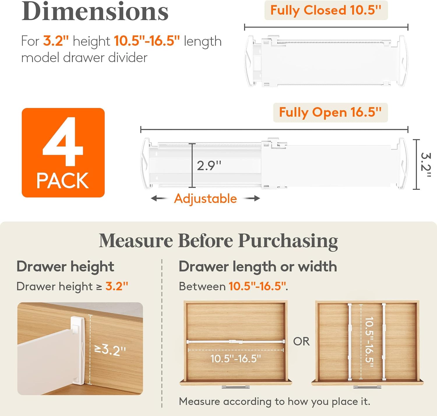 Drawer Dividers for Clothes, 3.2" High 10.5"-16.5" Expandable Dresser Drawer Organizers, Adjustable White Plastic