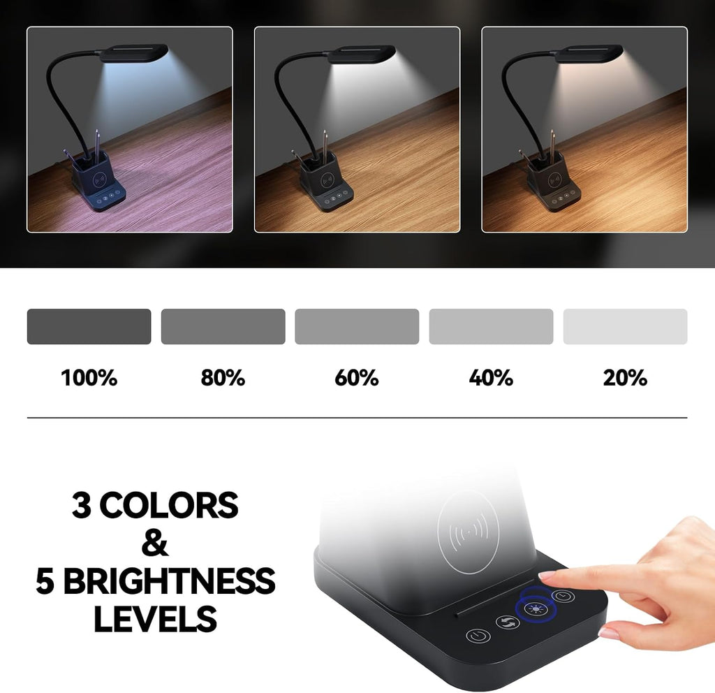 LED Desk Lamp for College Dorm Room with Wireless Charger, Reading Light for Home Office Bedroom, Small, Bright
