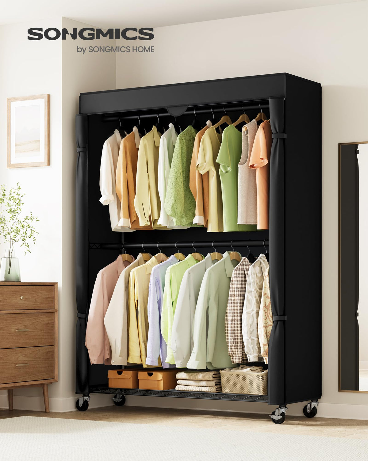 Heavy-Duty Clothes Rack, Portable Closet on Wheels, Fabric Cover
