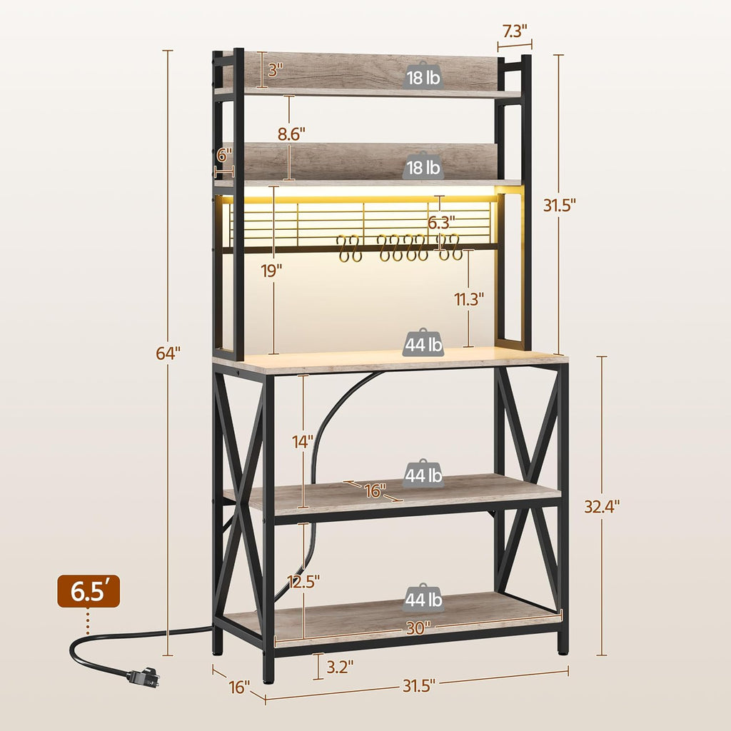 5-Tier Bakers Rack Coffee Bar with LED Lights & Power Outlet,Gray