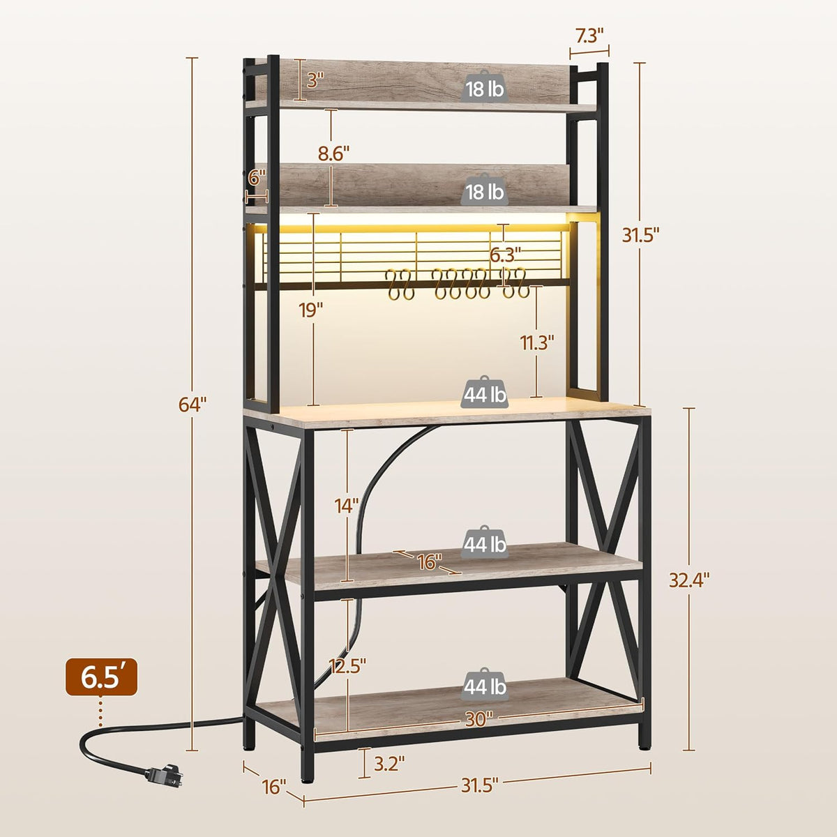 5-Tier Bakers Rack Coffee Bar with LED Lights & Power Outlet,Gray