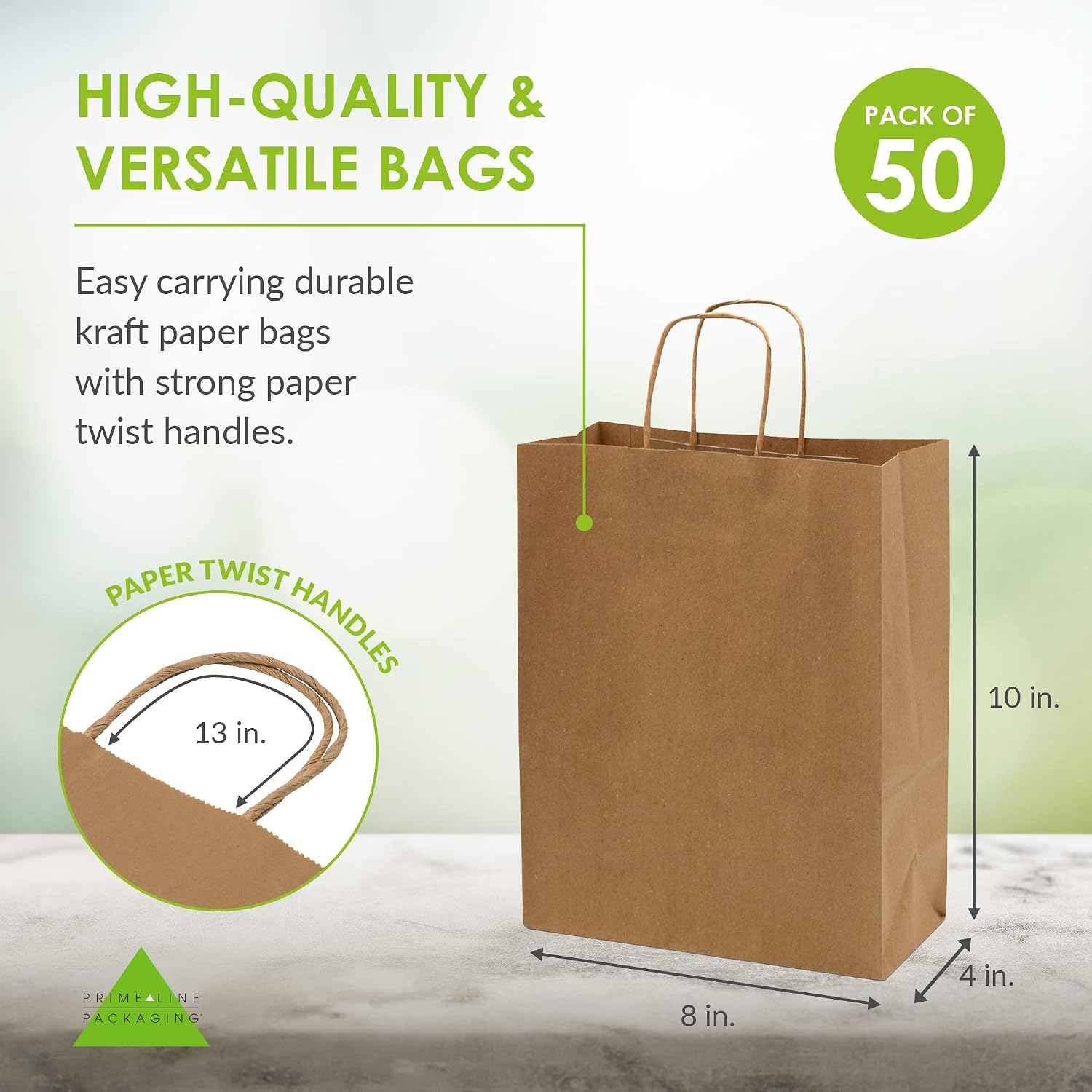 Kraft Shopping Bags with Handles, 8x4x10 Inch, 50 Pack | Brown Craft Bags with Handles, Retail Bags for Small
