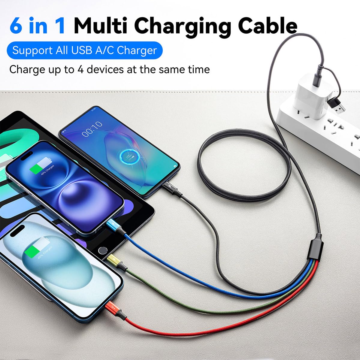 6 in 1 Multiple Charging Cable, 2Pack 6Ft Multi Chargers Cord for All Devices Braided USB A/C to Lightning/Type