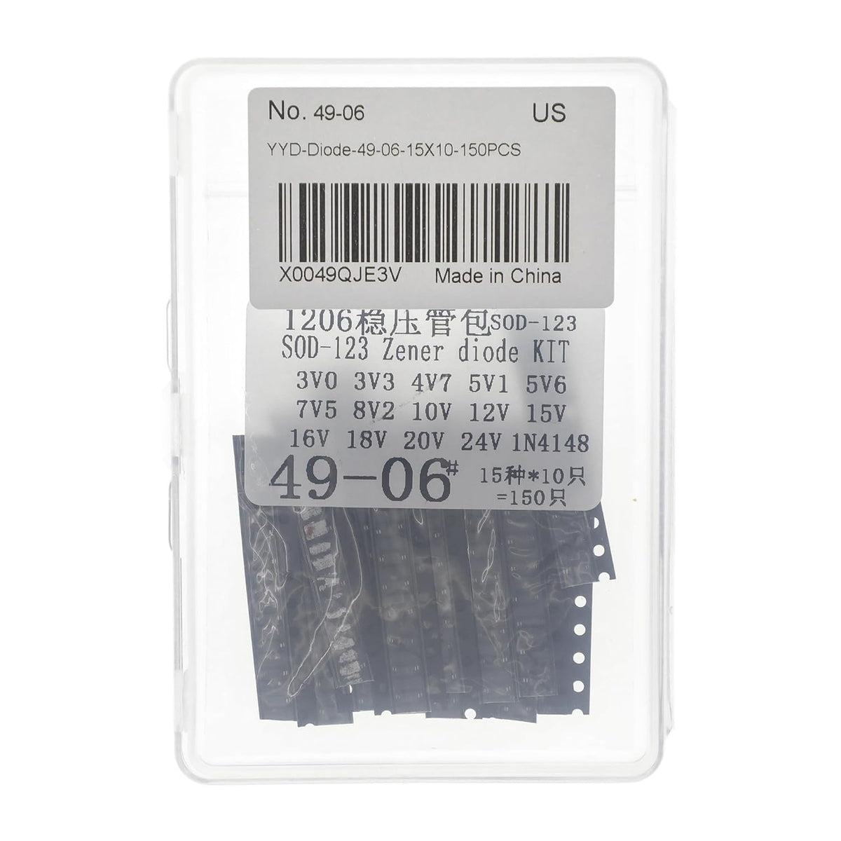 150 Pcs 0.5W Zener Diode Kit 14 Values 3V-24V SOD-123 Plus 1N4148