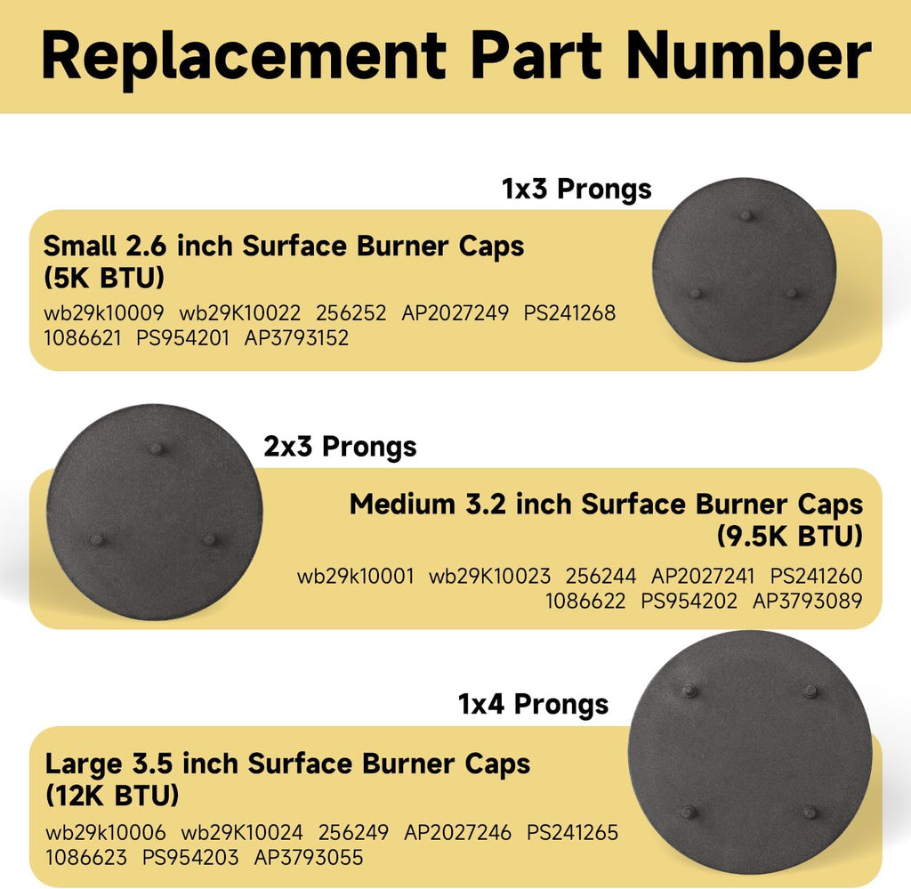 4 Pcs Surface Burner Caps Set Shiny Black Burner Caps Compatible with GE Gas Range Stove Oven Replace#: wb29k10009 (Small 2.6 inch) wb29k10001 (Medium 3.2 inch) wb29k10006 (Large 3.5 inch)