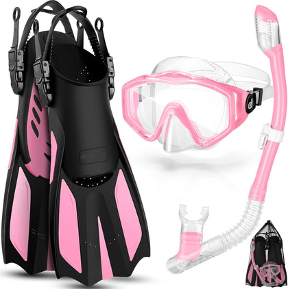 Snorkel Set, Adults Snorkeling Packages with Dry Top Diving Mask, Adjustable Swim Fins, Mesh Bag, Anti-Fog Anti-Leak