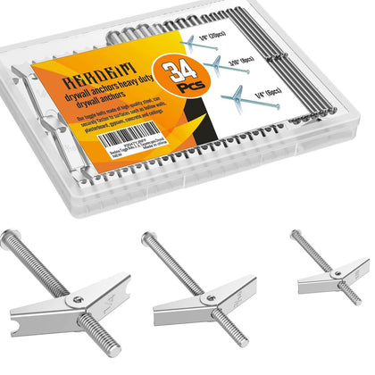 【34 Sets】 Toggle Bolts, Wall Anchor, 1/4" 3/16" 1/8" Butterfly Drywall Anchors, Heavy Duty Metal Screws for Hollow