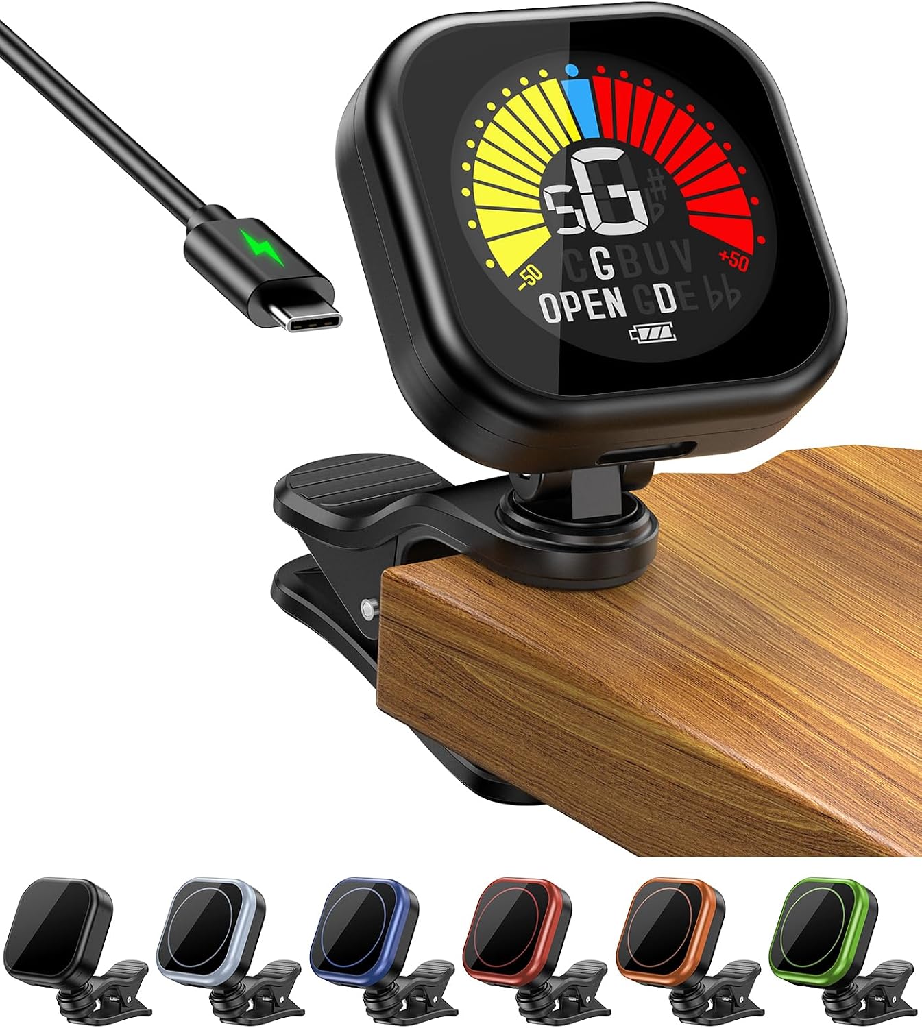 Guitar Tuner Clip-On Rechargeable with Color Screen 360° Rotatable Acoustic Chromatic Open Tuning for Guitar, Bass