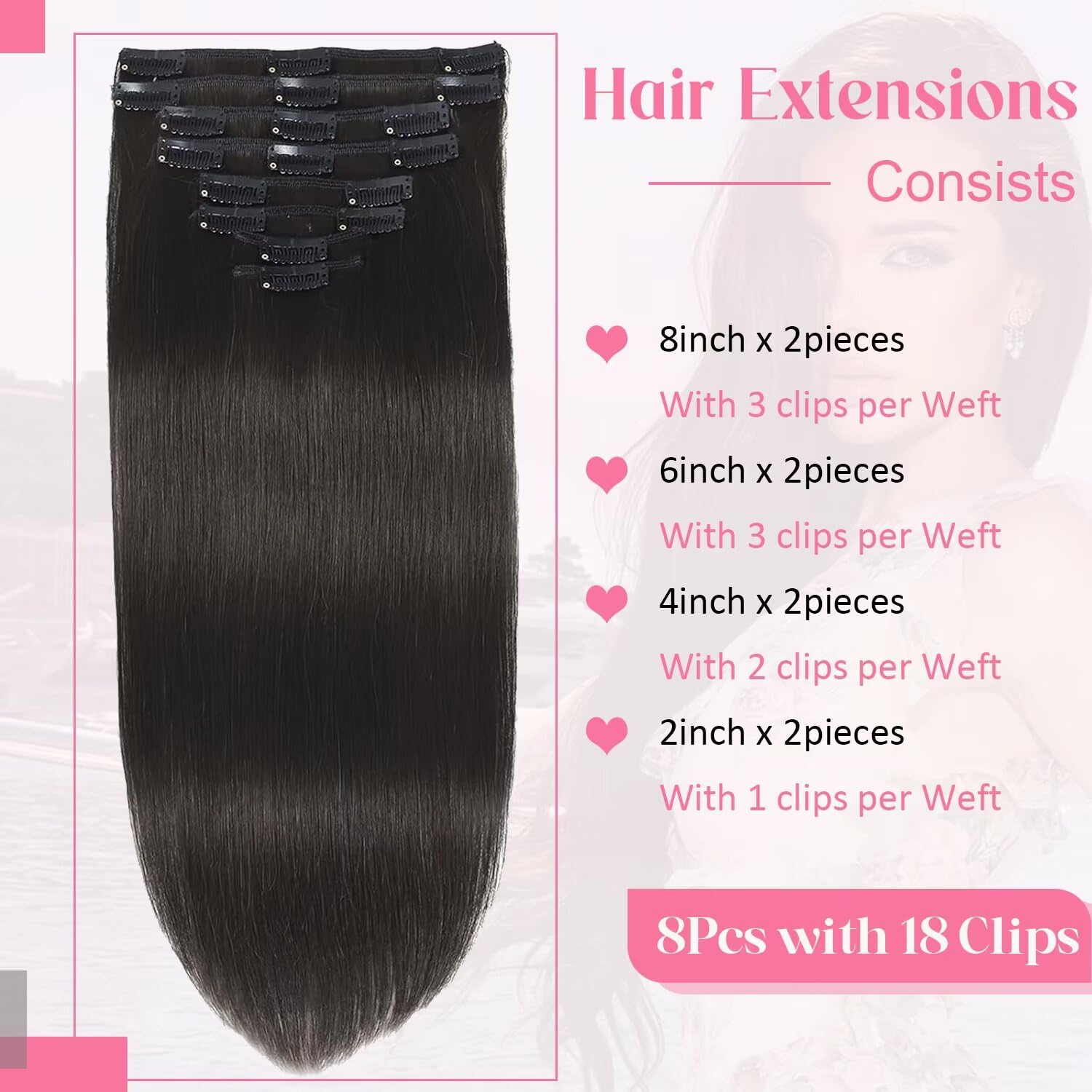 Clip in Hair Extensions Real Human Hair, 100g/3.6oz, Clip in 100% Brazilian Remy Human Hair Extension for Women