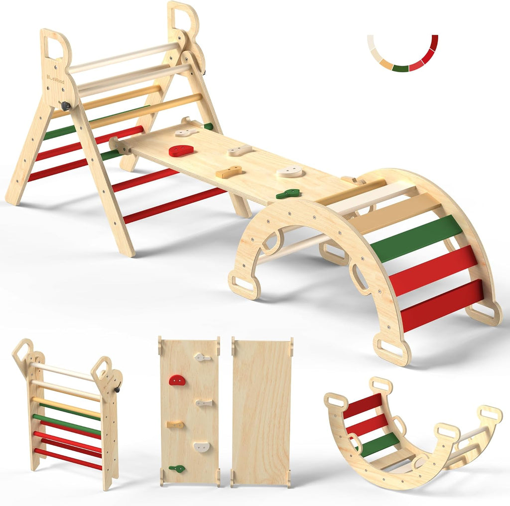 Pikler Triangle Set, Toddler Wooden Climbing Toys Indoor 7in1 Foldable Climber for Kids, Montessori Philosophy Play