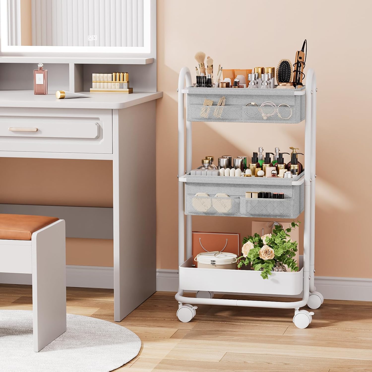 Baby Diaper Caddy Organizer Cart - 3 Tier Rolling Storage Cart with Wheels, Baby Essentials for Nursery Storage