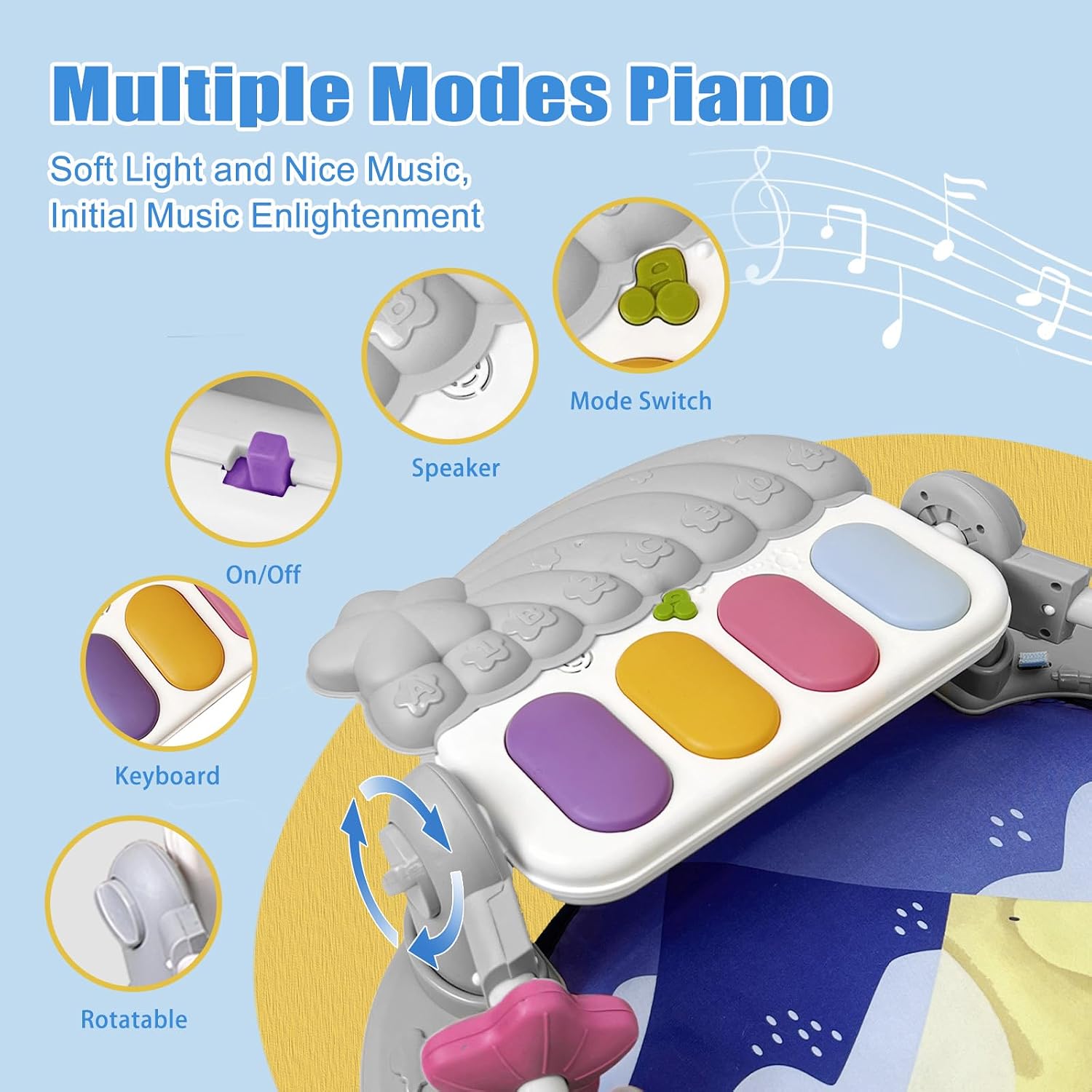 Baby Play Gym Mat, Baby Gym Activity Center, Kick and Play Piano with Music and Light, Tummy Time Toys for Newborn