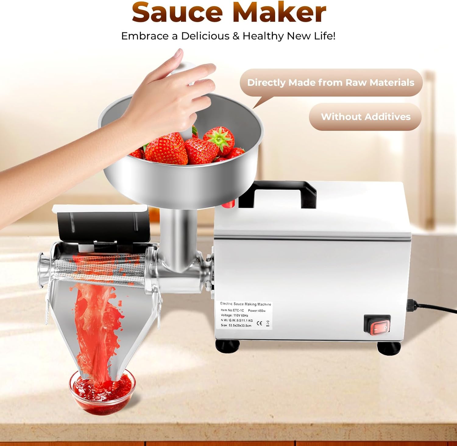 Food Mill for Tomato Sauce, Electric Tomato Berry Strainer Tomato Sauce Grinder, 110v 450w Electric Tomato Strainer