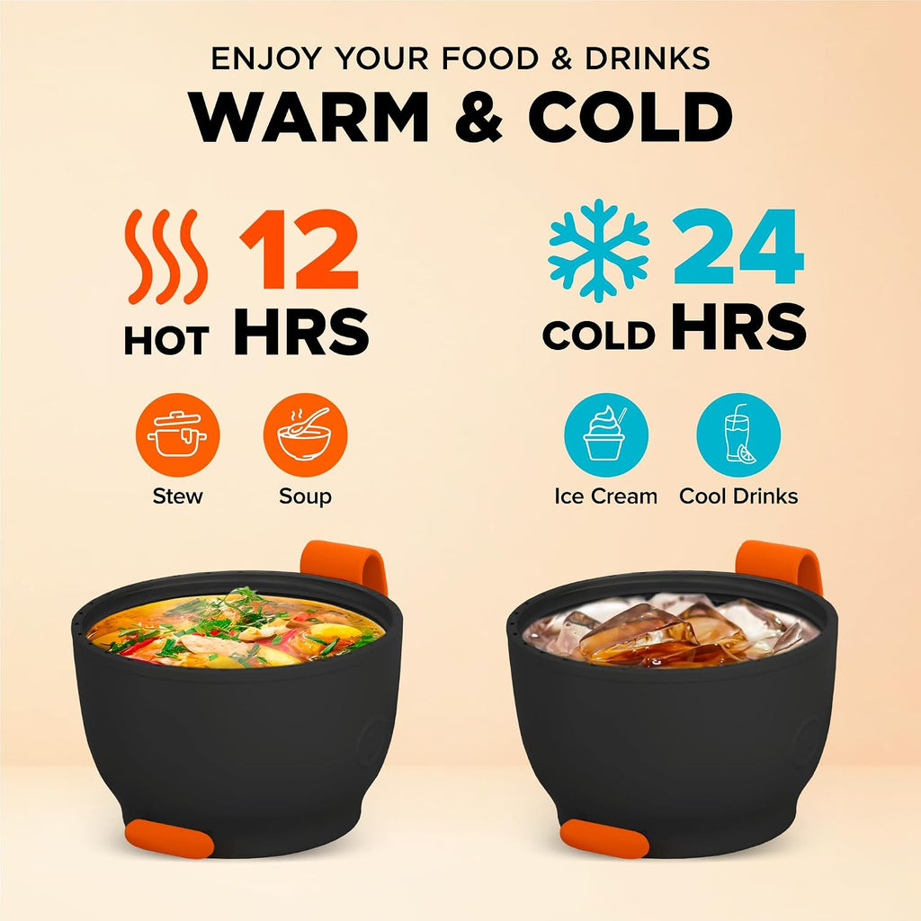 Vacuum Insulated Food Jar. Large 24oz Bowl incl. Folding Spoon, Cup. Wide Mouth Keep Hot & Cold Drinks Soup Lunch