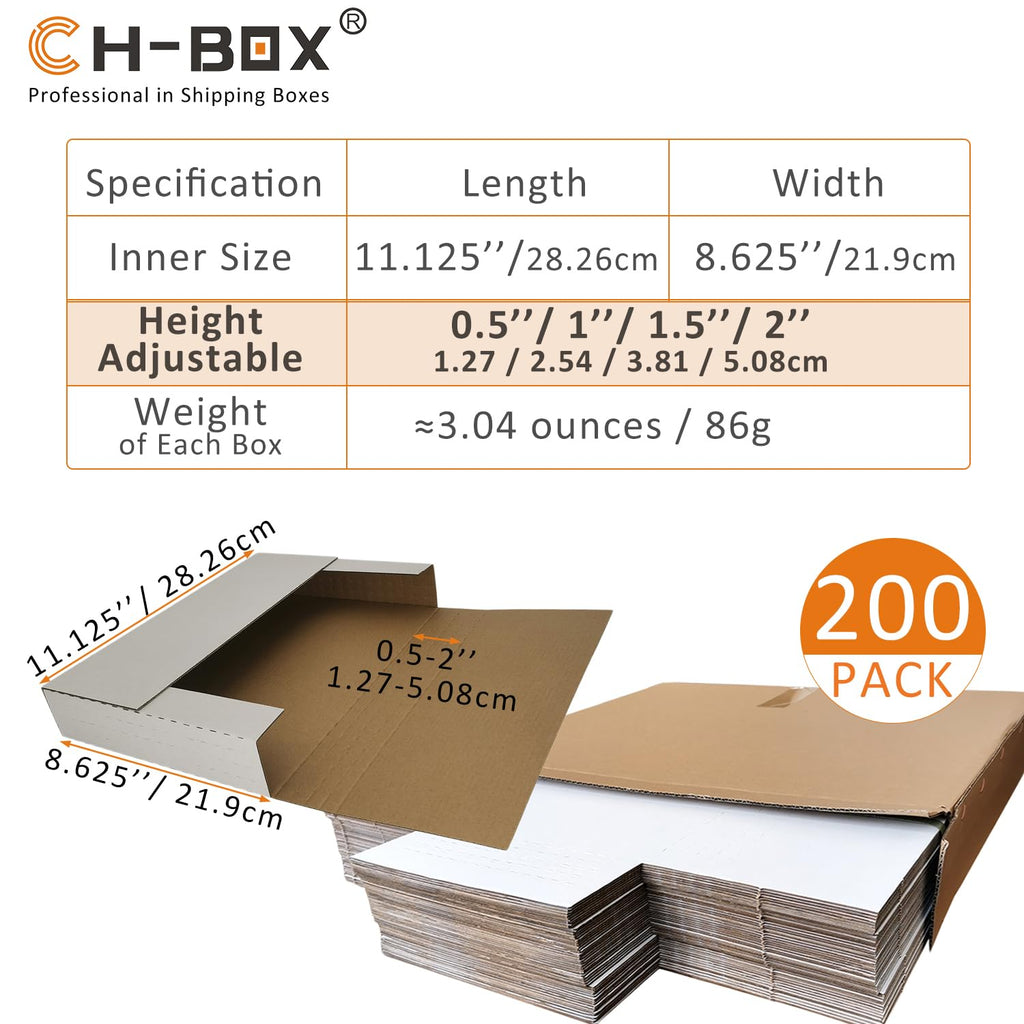 200 Pack 11 1/8" x 8 5/8" x 2" Cardboard Easy-Fold Shipping Box Mailers, Letter-Size Height Adjustable for Comics