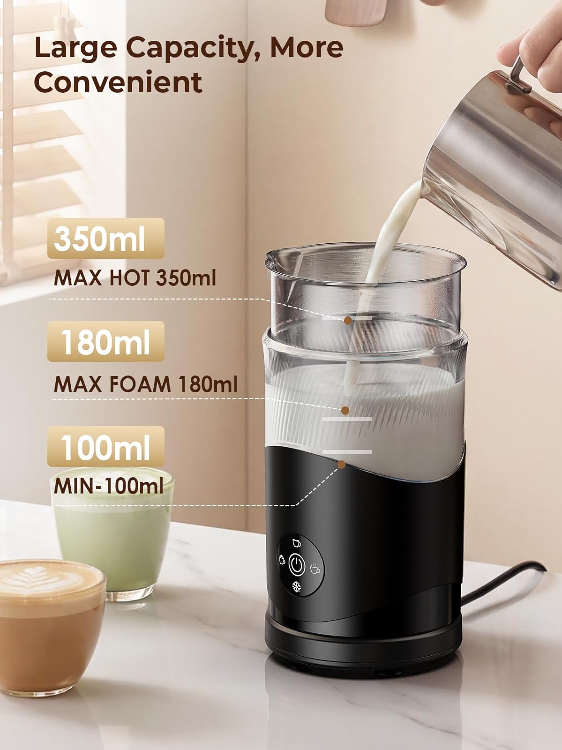 350ml Electric Milk Frother: 4-in-1 Hot & Cold - Grayish Black | 450W Milk Steamer With 180ml Foam, Under 55dB For
