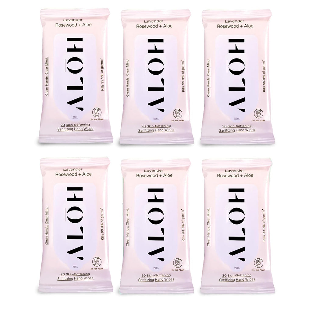 ALŌH Lavender Rosewood + Aloe Hand Sanitizer Wipes, Travel Size | Clean Hands, Clear Mind, On The Go for Kids and