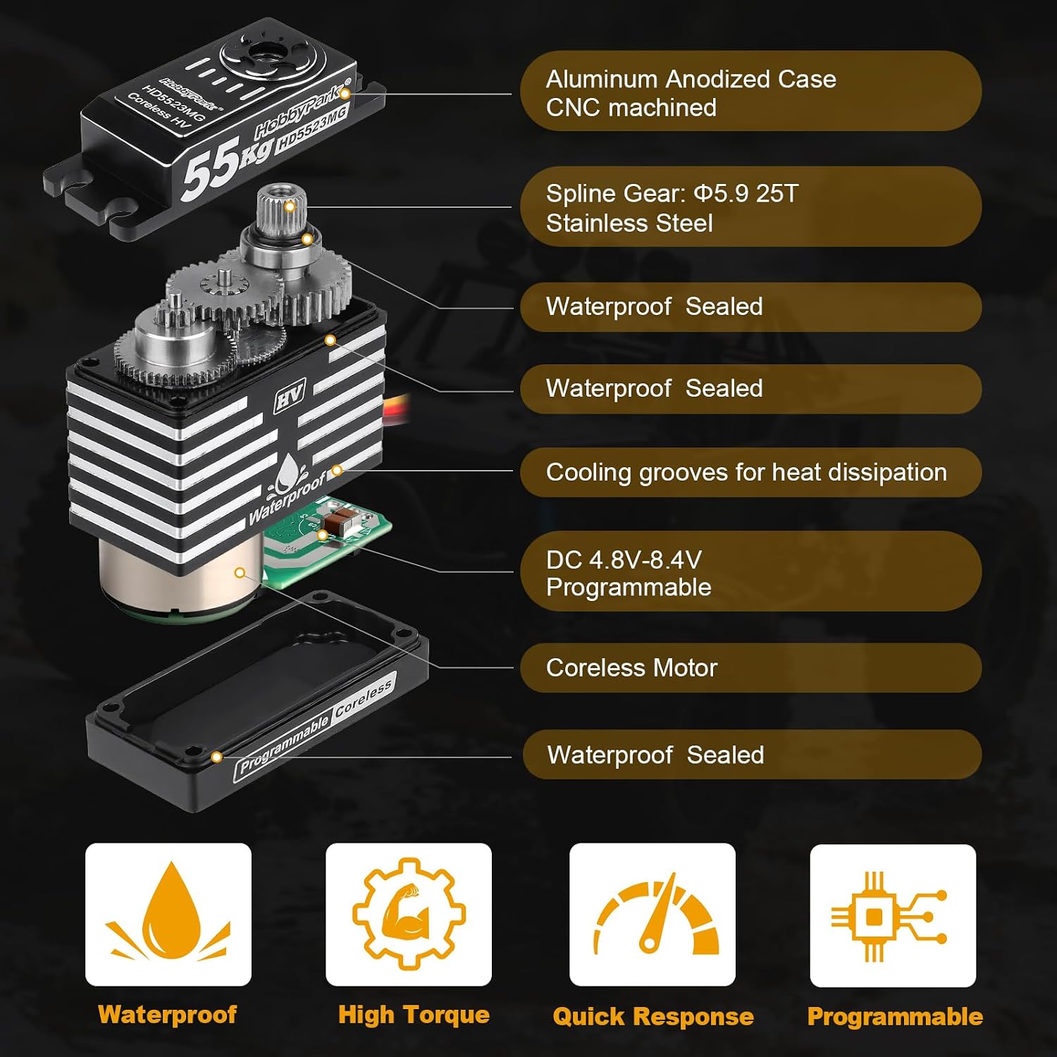 Waterproof RC Servo High Torque Coreless Motor Metal Gear Digital Servo Aluminum Case Parts for 1/8 1/10 RC Crawler