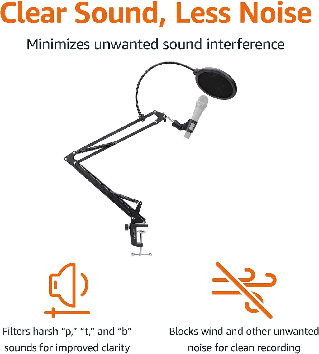 Adjustable Microphone Boom Arm Stand, 14 inch, Supports Standard Microphones, Adjustable Tension, Includes Pop Filter