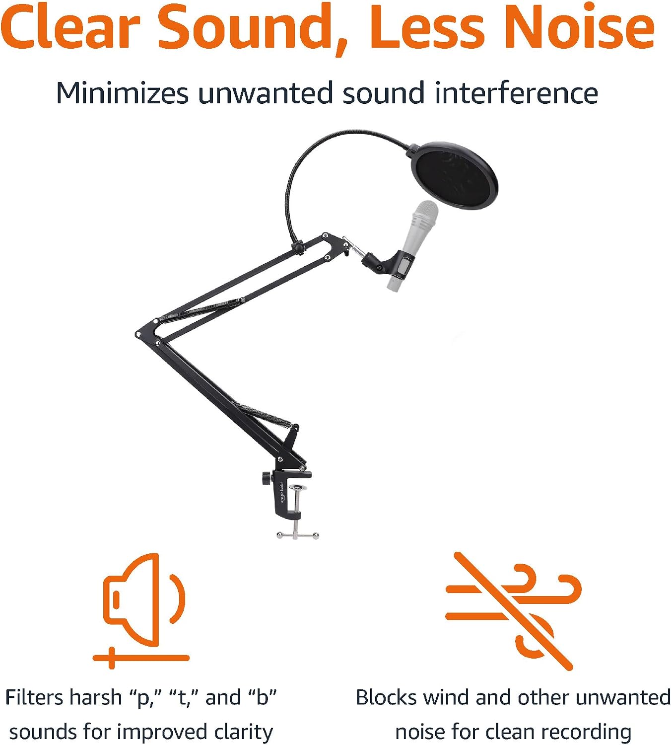 Adjustable Microphone Boom Arm Stand, 14 inch, Supports Standard Microphones, Adjustable Tension, Includes Pop Filter