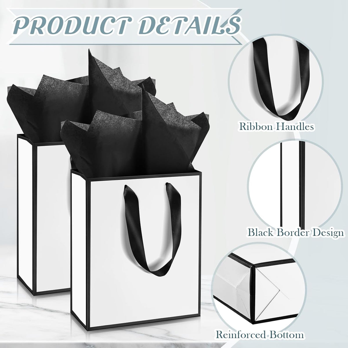 50 Pack Metallic Paper Gift Bag Bulk with Handle, White Black