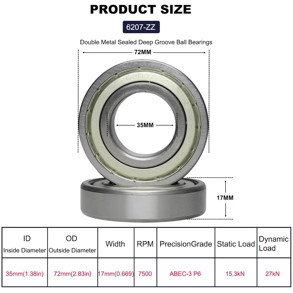 10 PCS 6207-ZZ Double Metal Seal Deep Groove Ball Bearings, Pre-Lubricated and Stable Performance and Cost Effective Bearings (6207 ZZ)