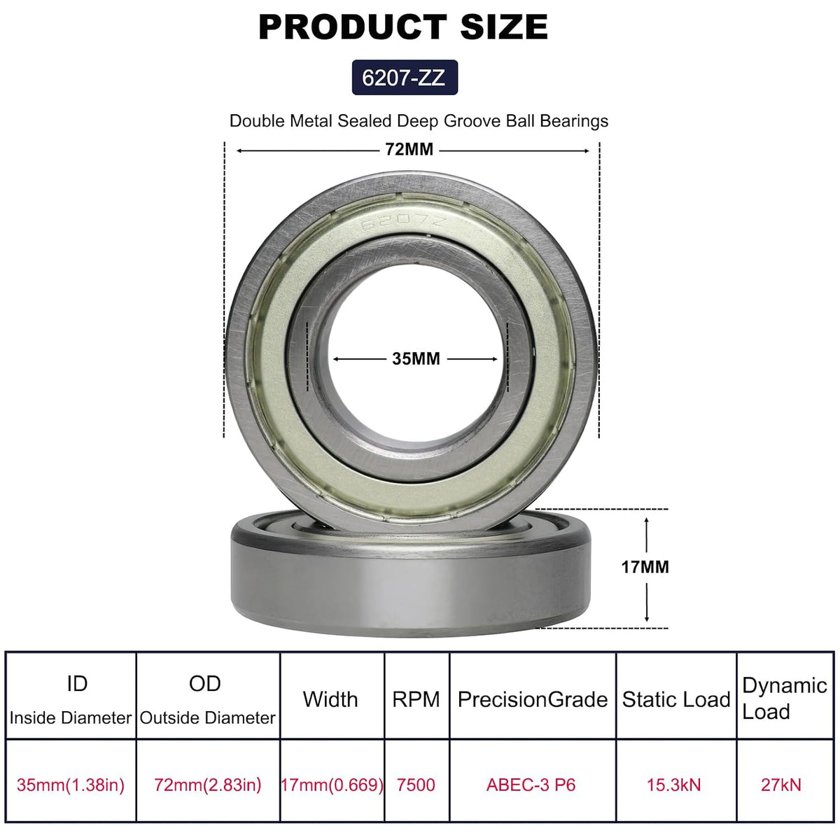 10 PCS 6207-ZZ Double Metal Seal Deep Groove Ball Bearings, Pre-Lubricated and Stable Performance and Cost Effective Bearings (6207 ZZ)