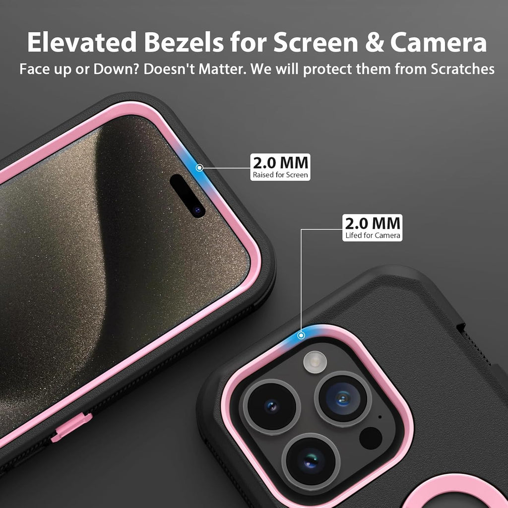 for iPhone 15 Pro Max Case Heavy Duty Drop Protection Black Pink | Drop Protection Screenless Dual Layer Shockproof