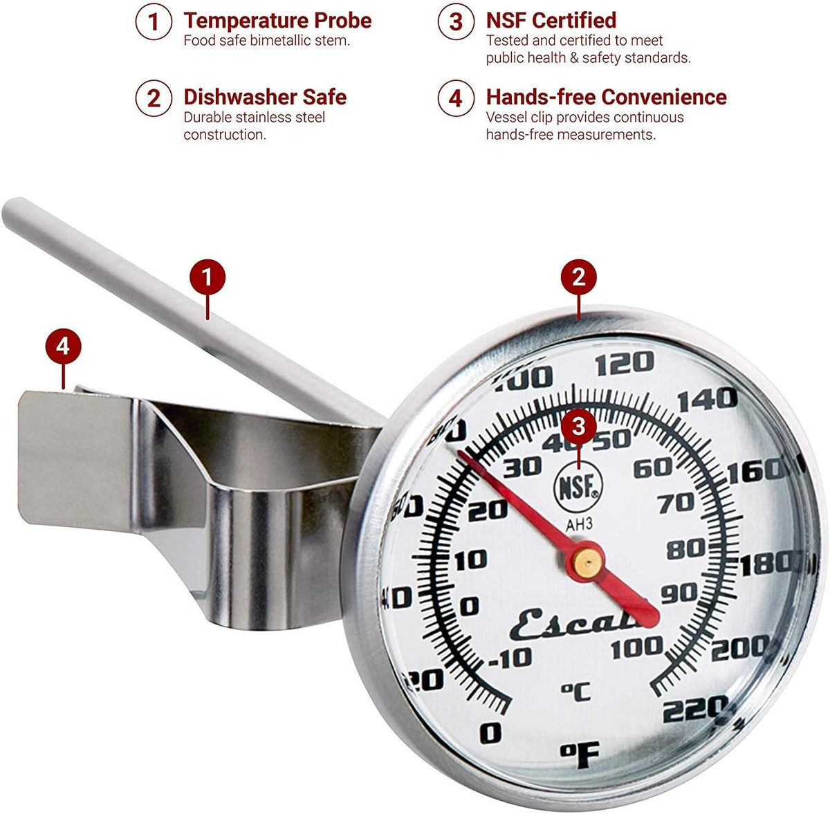 Escali AH3 NSF Certified Commercial Instant Read Large Dial Thermometer W/Clip, Silver