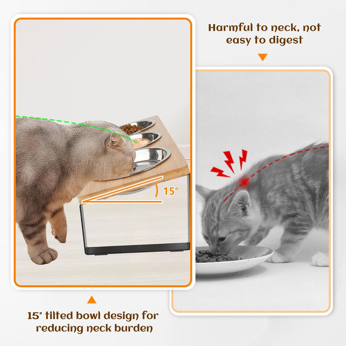 Elevated Cat Bowl, 15° Tilted Cat Bowl Stand with 3 Stainless Steel Bowls for Indoor Cats and Pet, Raised Cats Bowls