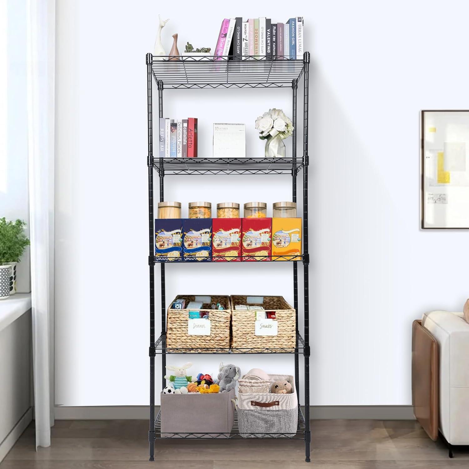 5 Tier Shelving Unit, Adjustable Storage Shelves with Wheels, Wire Shelving, 400 lbs Capacity per Shelf, Max 2000 lbs
